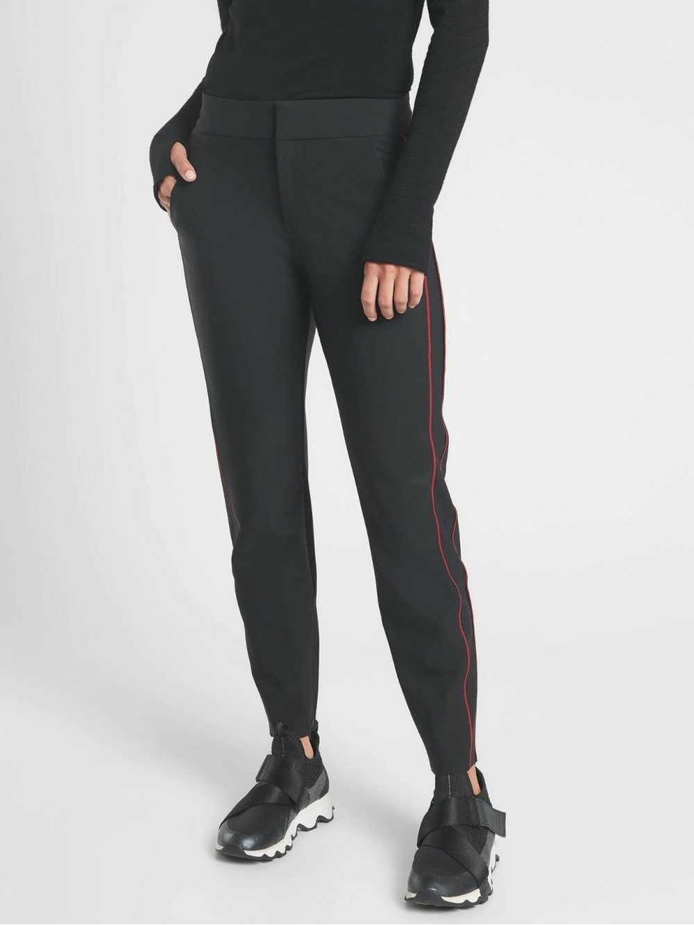 Athleta Stellar Novelty Trousers Black with Red Stripe Size 6